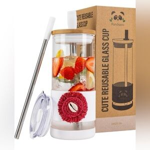 Pandaloo 20ozReusable Glass Cup with Straw New in Box Ethnic chic-Fabulous Fez